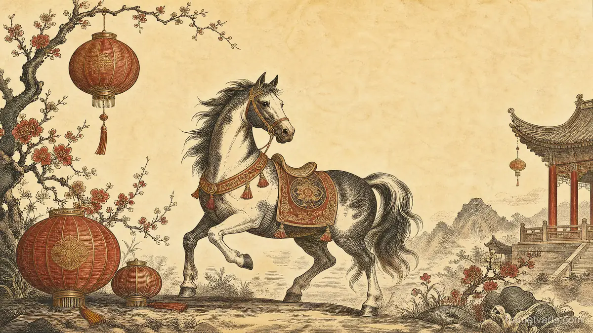 Lunar New Year decorative original zodiac horse – vintage-inspired festive print Samsung Frame TV art, 4K