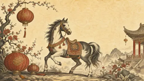 Lunar New Year decorative original zodiac horse – vintage-inspired festive print Frame TV art