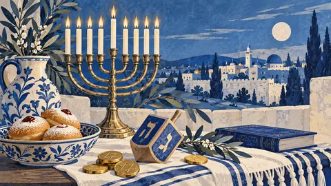 Hanukkah blue-and-white still life with dreidel – vintage-inspired festive print Frame TV art