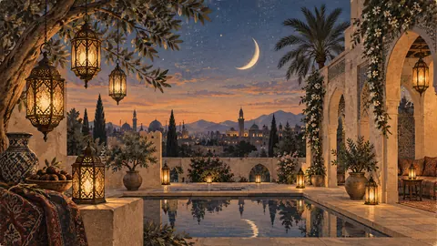 Ramadan lanterns and a crescent above a courtyard – vintage-inspired festive print Frame TV art