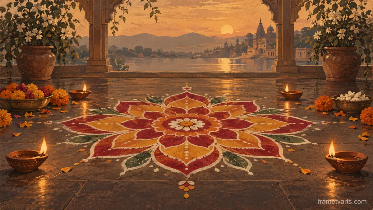 Diwali symmetrical floral rangoli beside oil lamps – vintage-inspired festive print Samsung Frame TV art, 4K