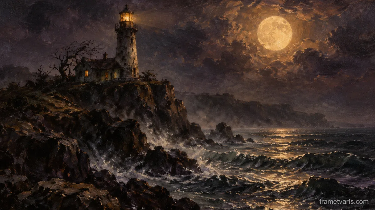 Haunted lighthouse under a harvest moon – atmospheric oil painting Samsung Frame TV art, 4K
