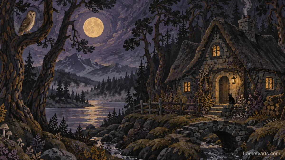 Witch's cottage among crooked pines – decorative folk gouache Samsung Frame TV art, 4K