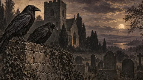 Ravens on a churchyard wall at dusk – vintage plate engraving Frame TV art