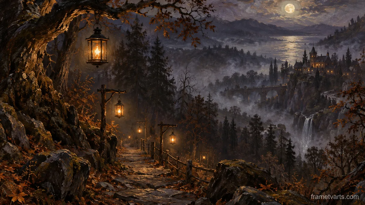 Spooky forest path lit by hanging lanterns – atmospheric oil painting Samsung Frame TV art, 4K