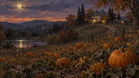 Pumpkin patch at twilight below a distant farmhouse – impressionist oil painting Frame TV art