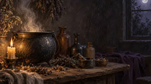 Witch's cauldron and dried herbs on a plain table – tonal oil painting Frame TV art
