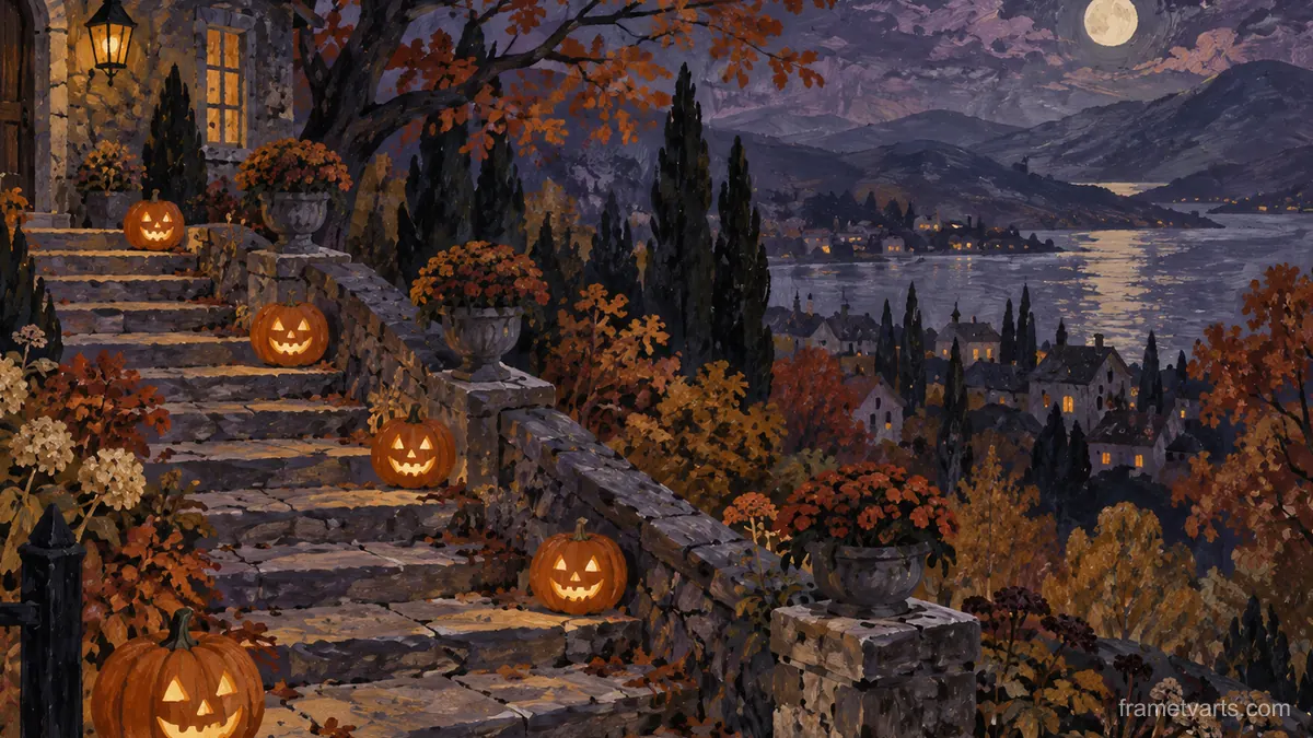 Jack-o-lanterns lining stone garden steps – decorative folk gouache Samsung Frame TV art, 4K