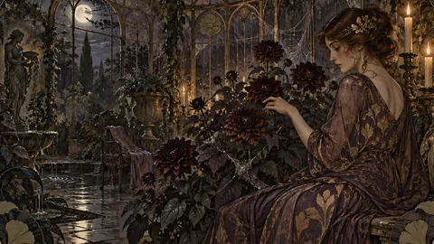 Cobweb-draped conservatory with dark dahlias – decorative art nouveau painting Frame TV art