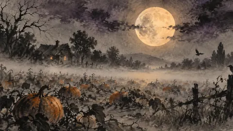 Halloween moon over a misty field of squash – zen sumi-e ink wash Frame TV art