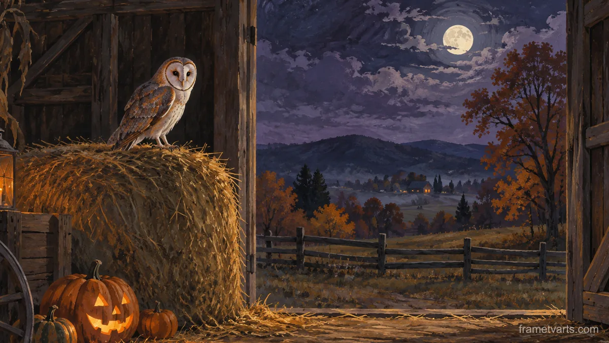 Owl on a hay bale in a barn doorway at Halloween – naturalist gouache Samsung Frame TV art, 4K