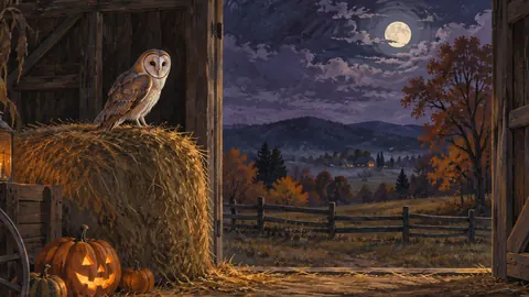 Owl on a hay bale in a barn doorway at Halloween – naturalist gouache Frame TV art