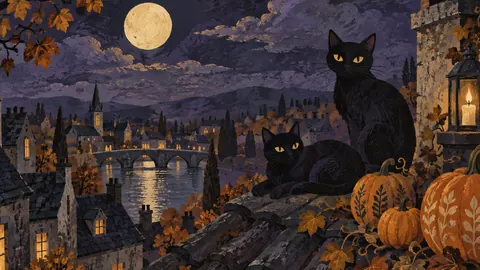 Black cats on a moonlit rooftop with pumpkins – decorative folk gouache Frame TV art