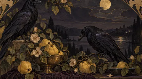 Ravens and quince branches in a dark still life – decorative art nouveau painting Frame TV art