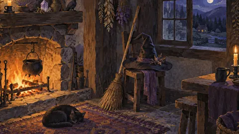 Witch hat and besom beside a cottage hearth – storybook gouache Frame TV art