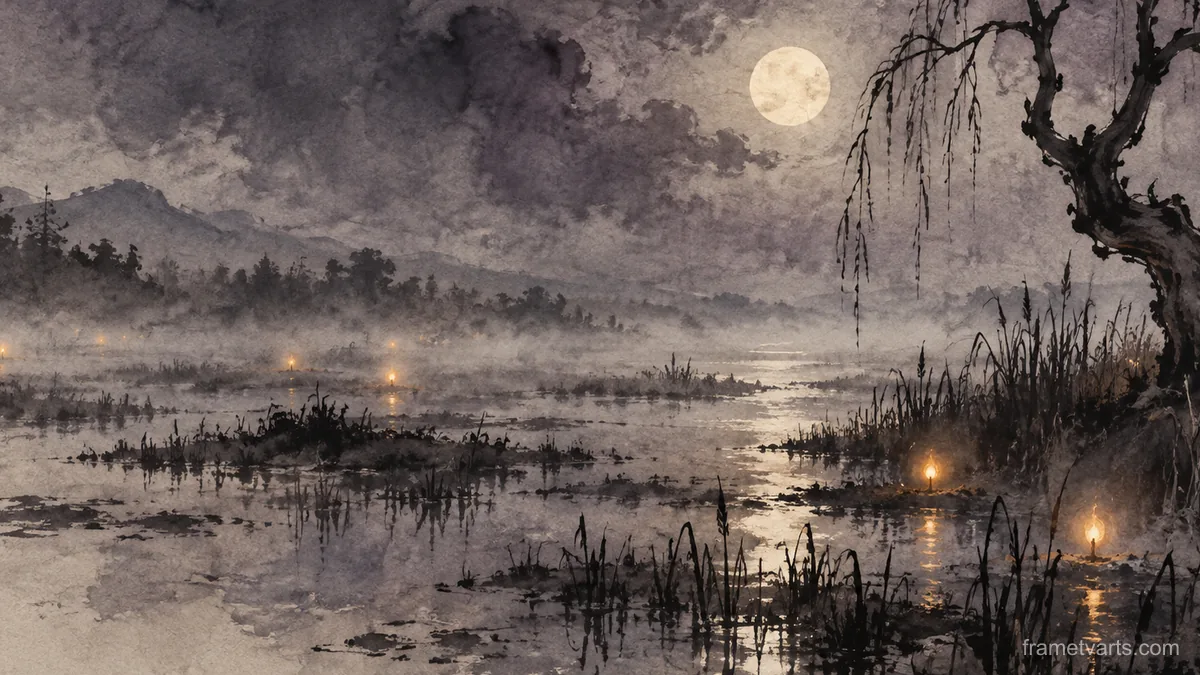 Spooky marsh with drifting marsh lights – zen sumi-e ink wash Samsung Frame TV art, 4K