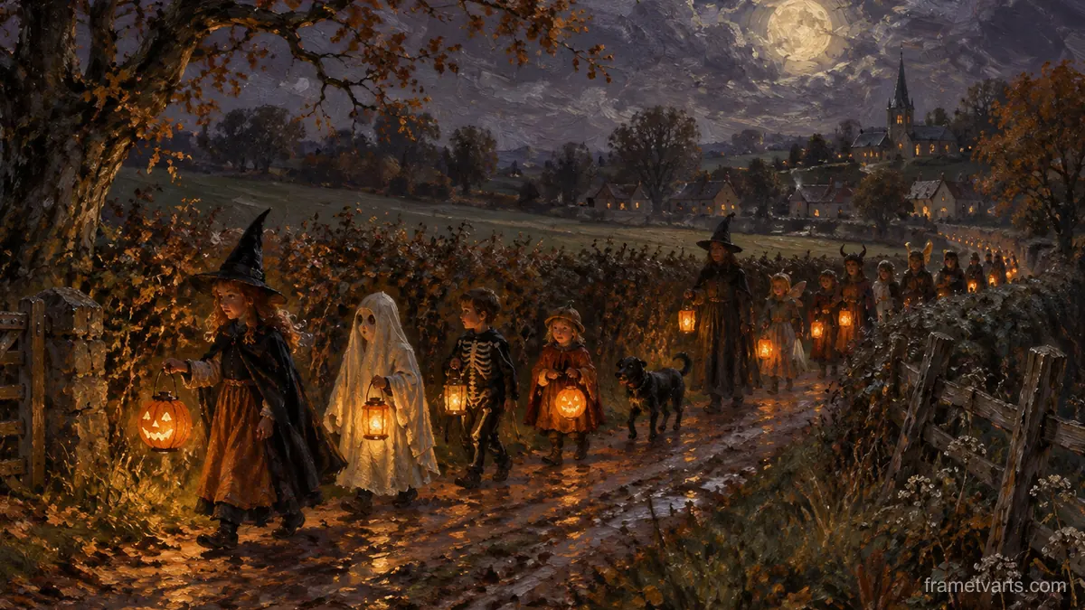 Halloween lantern parade along a hedgerow – impressionist oil painting Samsung Frame TV art, 4K