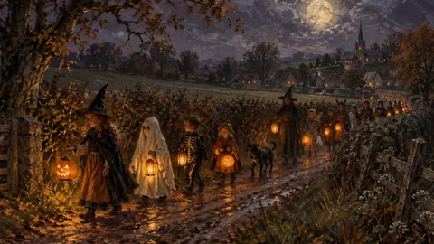 Halloween lantern parade along a hedgerow – impressionist oil painting Frame TV art