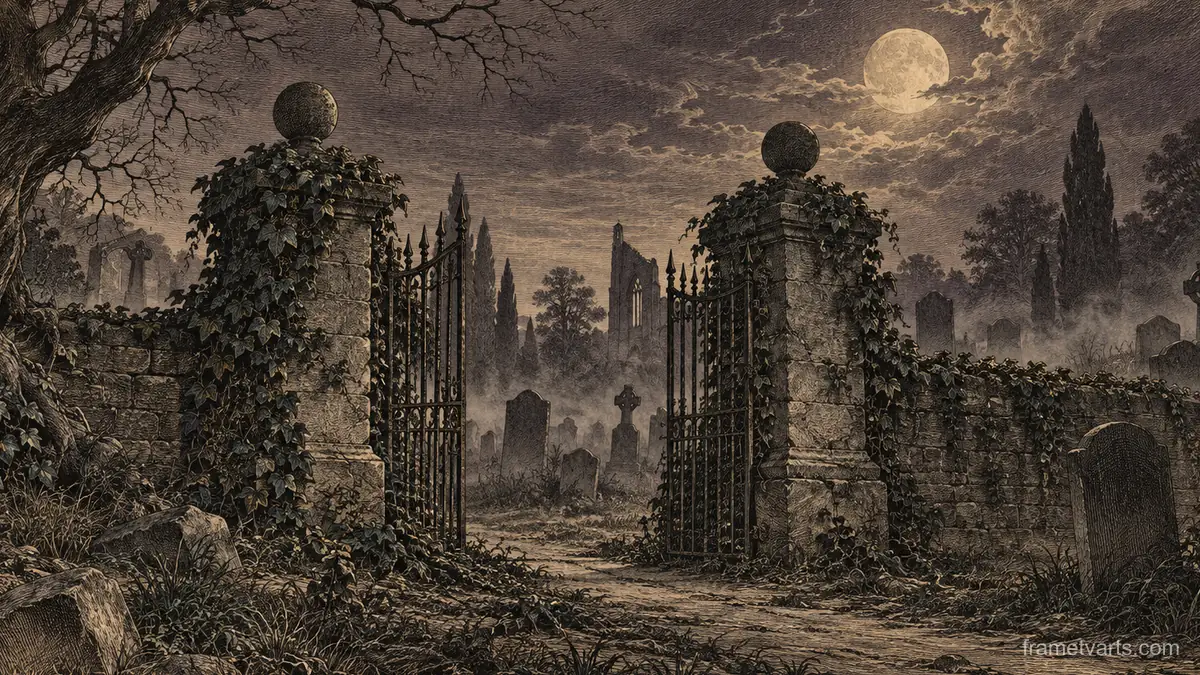 Haunted graveyard gate wreathed in ivy – vintage plate engraving Samsung Frame TV art, 4K