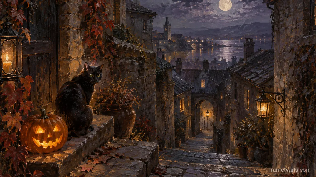 Black cat and jack-o-lantern in a cobbled alley – atmospheric oil painting Samsung Frame TV art, 4K