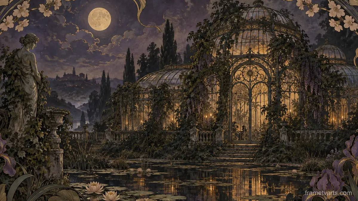 Haunted greenhouse with overgrown vines – decorative art nouveau painting Samsung Frame TV art, 4K