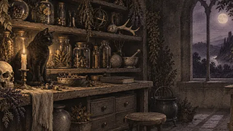 Witch's apothecary shelf of unlabelled jars – vintage plate engraving Frame TV art
