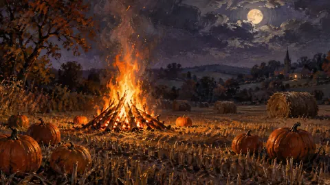 Halloween bonfire in a stubble field – impressionist oil painting Frame TV art