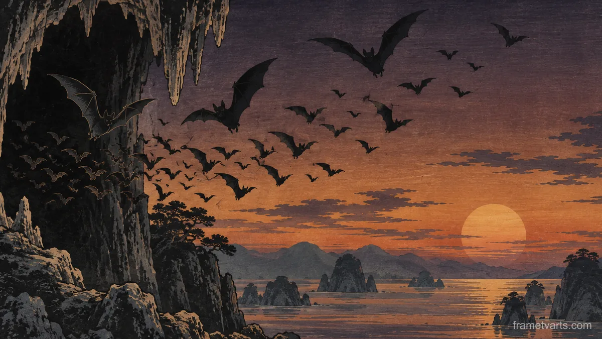 Bat silhouettes leaving a cave mouth at sunset – japanese-inspired woodblock print Samsung Frame TV art, 4K