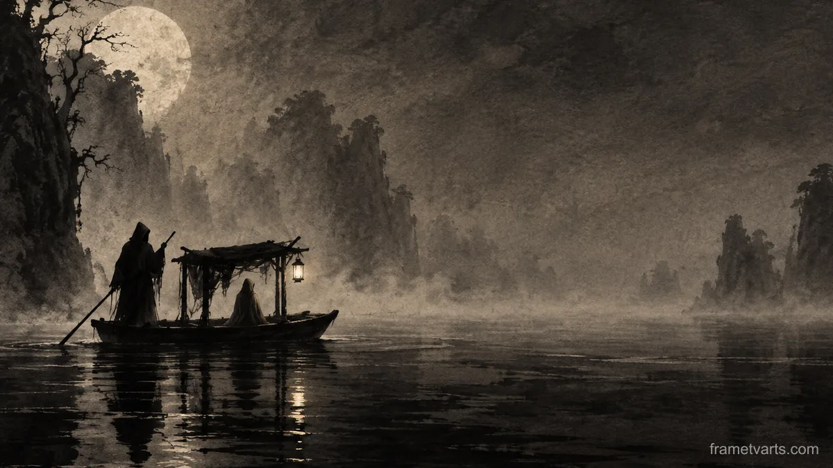 Spooky ferry crossing a black river – monochrome minimalist abstraction Samsung Frame TV art, 4K