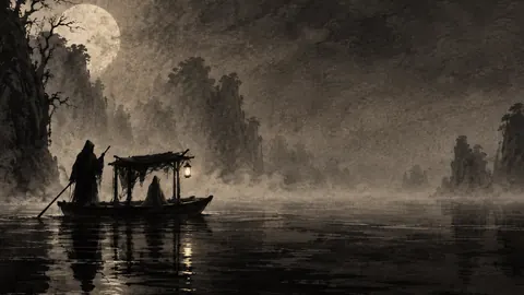 Spooky ferry crossing a black river – monochrome minimalist abstraction Frame TV art