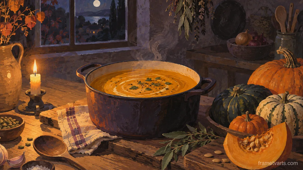 Pumpkin soup pot and gourds on a kitchen bench – naturalist gouache Samsung Frame TV art, 4K