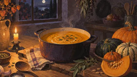 Pumpkin soup pot and gourds on a kitchen bench – naturalist gouache Frame TV art