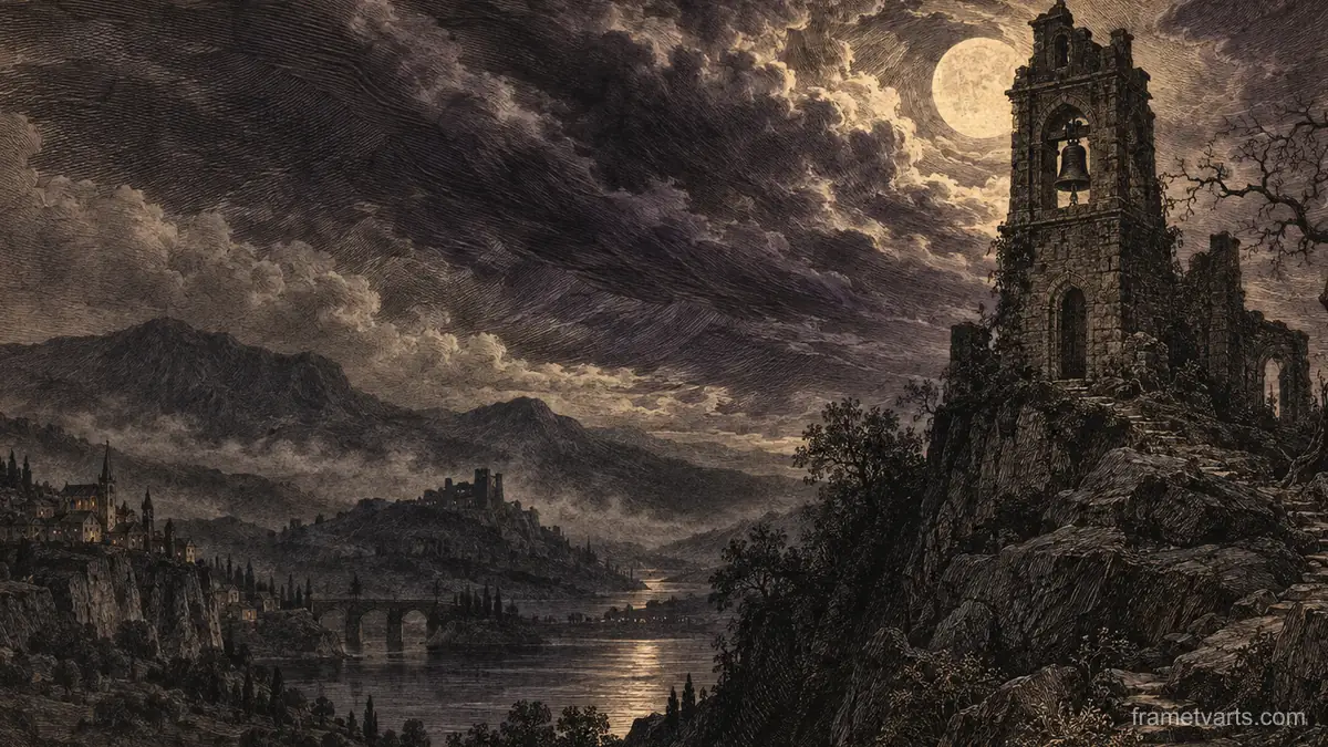 Haunted bell tower against racing clouds – vintage plate engraving Samsung Frame TV art, 4K
