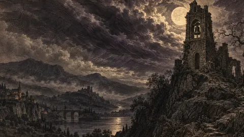 Haunted bell tower against racing clouds – vintage plate engraving Frame TV art