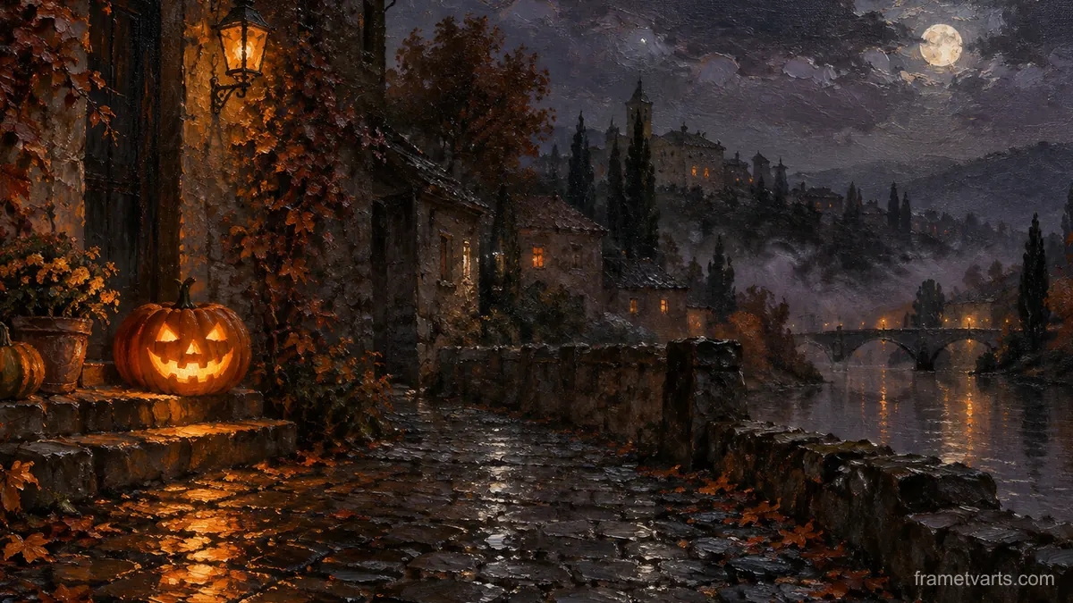 Jack-o-lantern glow on wet cobbles – atmospheric oil painting Samsung Frame TV art, 4K