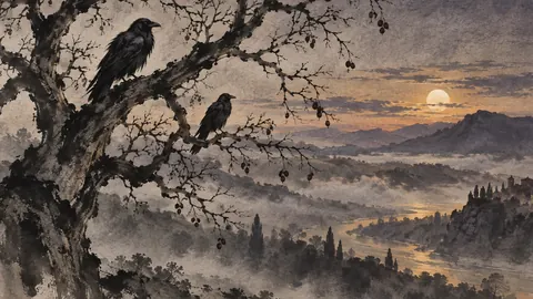 Ravens in a bare walnut tree at dawn – zen sumi-e ink wash Frame TV art