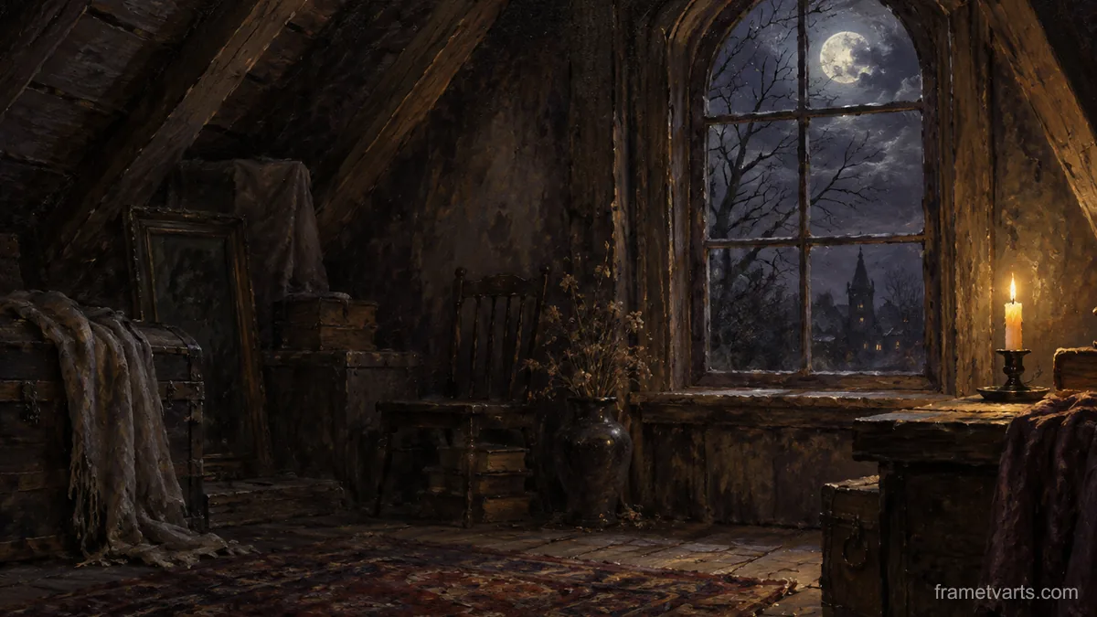 Spooky attic window with a single candle – tonal oil painting Samsung Frame TV art, 4K