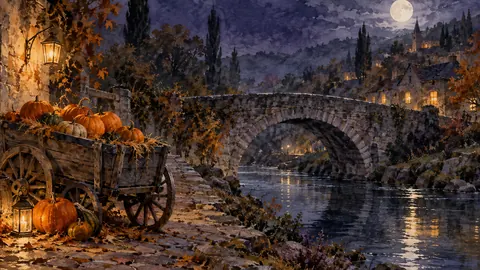Pumpkin cart beside a stone bridge – elegant watercolor Frame TV art