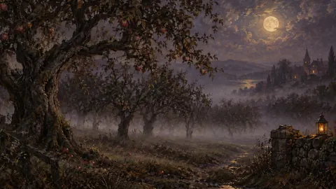 Haunted orchard under low mist – atmospheric oil painting Frame TV art