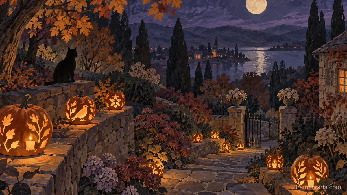Candlelit pumpkin lanterns down a garden path – decorative folk gouache Samsung Frame TV art, 4K