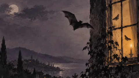Bat and moth silhouettes at a lit window – minimal ink and wash Frame TV art