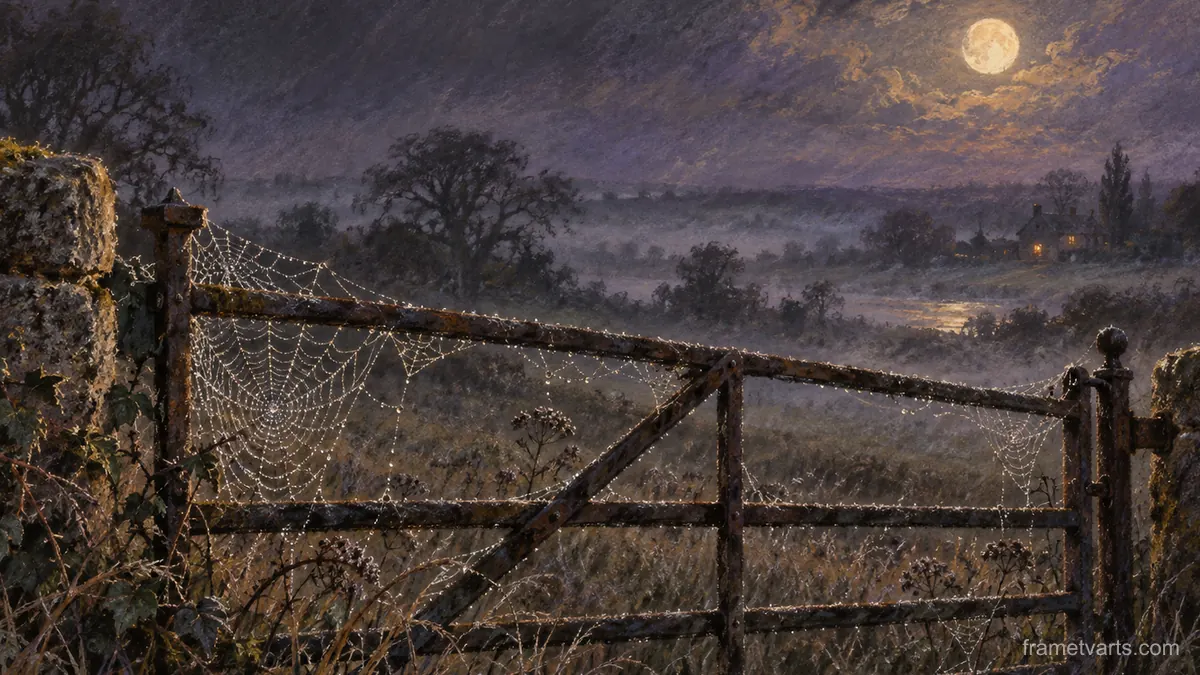 Cobwebs beaded with dew on a gate – chalk pastel study Samsung Frame TV art, 4K