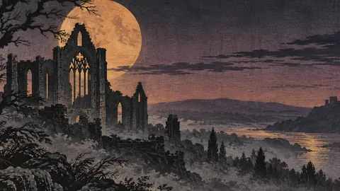 Halloween moon behind a ruined abbey – japanese-inspired woodblock print Frame TV art