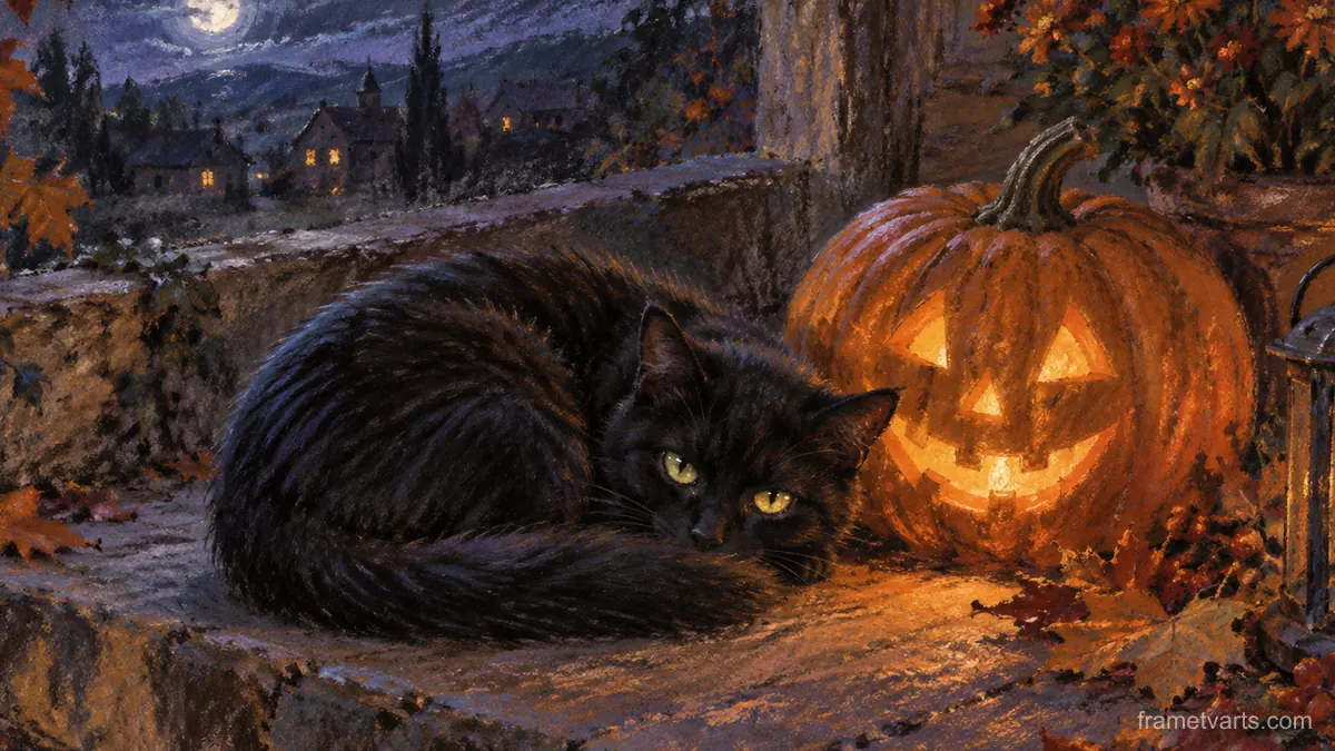 Black cat curled beside a carved pumpkin – soft pastel drawing Samsung Frame TV art, 4K