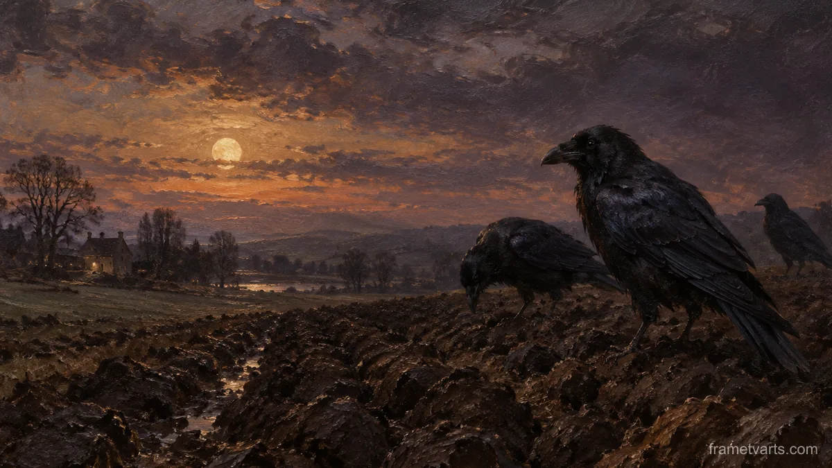 Ravens on a plough furrow at dusk – tonal oil painting Samsung Frame TV art, 4K