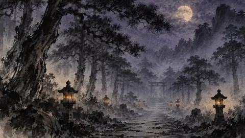 Spooky pine avenue in blue fog – zen sumi-e ink wash Frame TV art