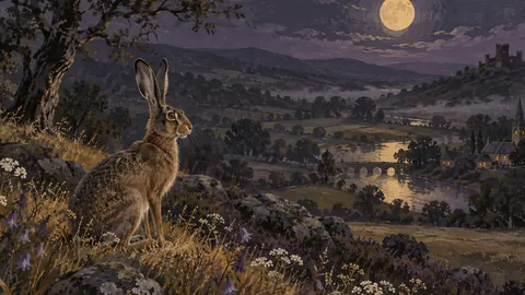 Witch's hare in a moonlit meadow – naturalist gouache Frame TV art