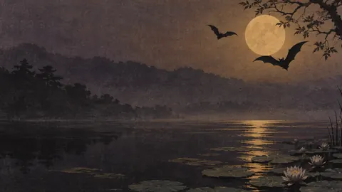 Bat silhouettes over a lily pond at dusk – japanese-inspired minimal composition Frame TV art