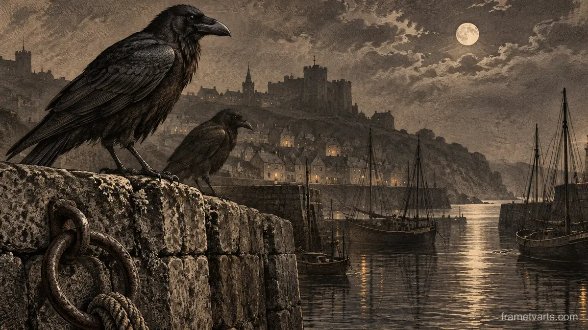 Ravens on a harbour wall – vintage plate engraving Samsung Frame TV art, 4K