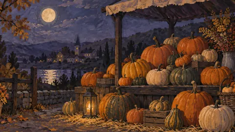 Pumpkins stacked in a market stall – decorative folk gouache Frame TV art